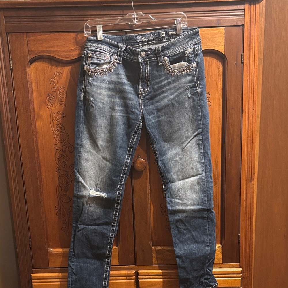 Miss Me Distressed Blue Jeans with Rhinestone Accents